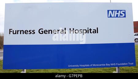 Eine allgemeine Ansicht des Furness Hospital in Barrow, Cumbria, das im Zentrum der Morecambe Bay Untersuchung steht. Stockfoto