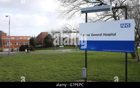 Eine allgemeine Ansicht des Furness Hospital in Barrow, Cumbria, das im Zentrum der Morecambe Bay Untersuchung steht. Stockfoto