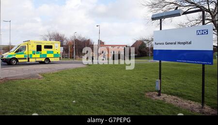 Eine allgemeine Ansicht des Furness Hospital in Barrow, Cumbria, das im Zentrum der Morecambe Bay Untersuchung steht. Stockfoto