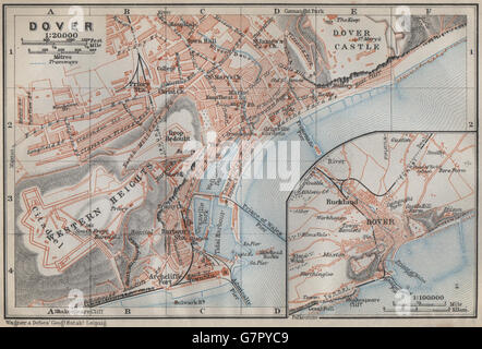 DOVER antiken Stadt Stadtplan & Umgebung. Kent. BAEDEKER, 1910 Antike Landkarte Stockfoto