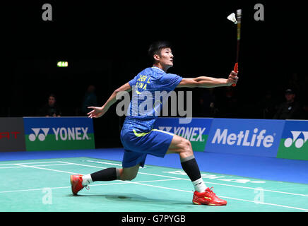 Badminton - 2015 Yonex All England Badminton Championships - Tag 1 - National Indoor Arena. Chinas Chen Long bei seinem Einzelspiel Stockfoto