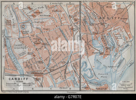 CARDIFF Stadt Stadtplan. St. Davids Centre Newtown Jahrhundert Wharf. Wales, 1910-Karte Stockfoto