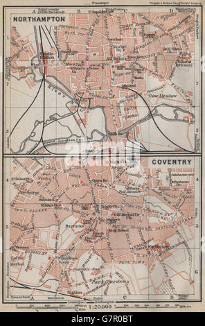 NORTHAMPTON & COVENTRY Stadt Stadtpläne. Vor dem 2. Weltkrieg. Midlands, 1910-Karte Stockfoto