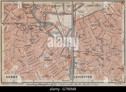 DERBY & LEICESTER antike Stadt Stadtpläne. Midlands. BAEDEKER, 1910 alte Karte Stockfoto