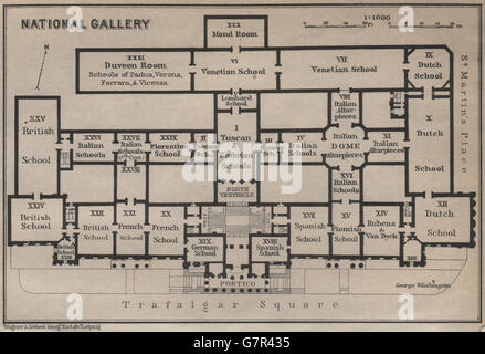 DIE NATIONAL GALLERY Grundriss. Trafalgar Square. London. BAEDEKER, 1930 Karte Stockfoto