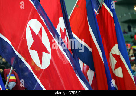 Fußball - WM 2006 Qualifikationsspiel Asian Final Stage Gruppe B - Japan / Nordkorea - Saitama Stadium 2002. Nordkoreas Flaggen Stockfoto