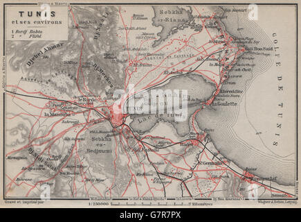 TUNIS & Umgebung. Ariana Carthage La Goulette. Tunesien-Carte. BAEDEKER, 1911-Karte Stockfoto