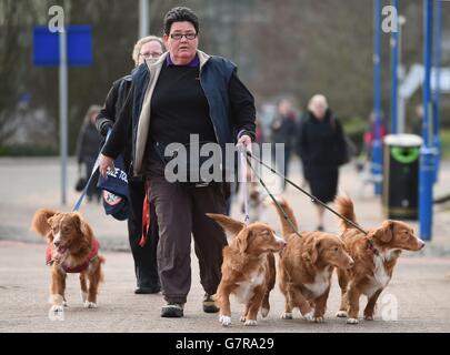 Hunde und ihre Besitzer kommen für den ersten Tag der Crufts 2015 im NEC, Birmingham an. Bilddatum: Donnerstag, 5. März 2015. Bildnachweis sollte lauten: Joe Giddens/PA Wire Stockfoto