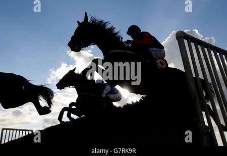 Pferderennen - Southwell Racecourse. Pferde räumen beim Southwell Mares' Maiden National Hunt Hurdle Race auf der Southwell Racecourse einen Zaun. Stockfoto