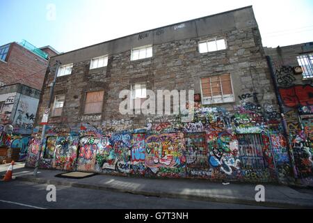 Ein allgemeiner Blick auf die Windmill Lane Aufnahmestudios, in denen U2 ihr Debütalbum Boy aufgenommen haben, das abgerissen wurde. Stockfoto