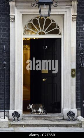 Der Downing Street-Kater Larry betritt 10 Downing Street, London, als heute formell eine der am stärksten umkämpften Parlamentswahlen seit Jahrzehnten beginnt, wobei David Cameron Labour vorwirft, eine Steuererhöhung von 3,000 Pfund für jede arbeitende Familie zu planen. Stockfoto