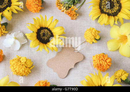 Braun-Tag auf gelben Blüten Sommer Hintergrund Stockfoto