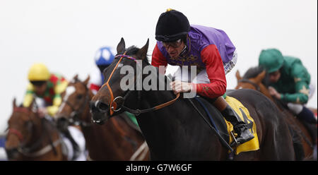 Der von Richard Hughes gerittene Pfau führt das Feld nach Hause, um das Rennen „Follow US on Twitter“ von Betfred Racing zu gewinnen. Stockfoto