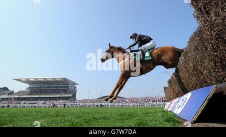 Tony McCoy räumt den letzten Zaun auf drei Königreiche während der One Magnificent City Manifesto Novices' Steeple Chase, während des Grand Opening Day des Crabbies Grand National Festival auf der Aintree Racecourse, Liverpool. Stockfoto