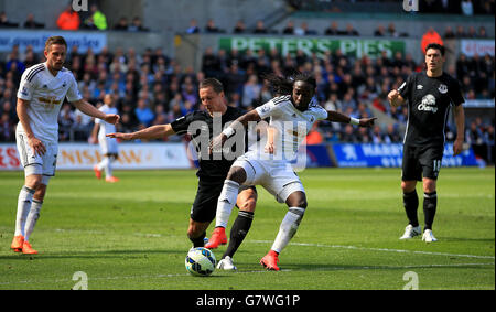 Evertons Phil Jagielka (links) und Marvin Emnes von Swansea City in Aktion während des Spiels der Barclays Premier League im Liberty Stadium, Swansea. Stockfoto