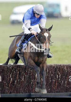 Aye gut geritten von Jockey James Reveley Gewinner des Porcelanosa Scotland Novices' Limited Hanicap Steeple Chase während des Coral Scottish Grand National Festival 2015 auf der Ayr Racecourse. Stockfoto