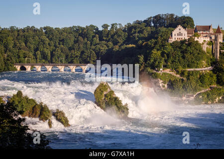 Rheinfall und Schloss Laufen Burg gesehen von Neuhausen, Kanton Schaffhausen, Schweiz. Stockfoto