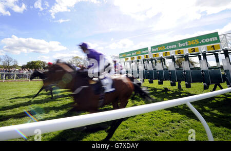 Läufer in der Wette 365 Handicap Stakes verlassen die Startstände während des bet365 Inaugral Flat Meetings und Family Raceday auf der Wetherby Racecourse. Stockfoto