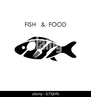 Fisch, Löffel, Messer und Gabel-Symbol. Fisch & essen Logo Design Vektor-Ikone. Fisch & essen Restaurant-Menü-Symbol. Vektor-Illustration Stock Vektor