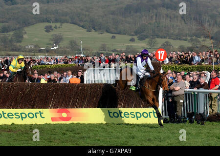 Pferderennen - Cheltenham Festival 2005 - Cheltenham Racecourse. Der kickende König und Jockey Barry Geraghty (R) führen im totesport Cheltenham Gold Cup den Stand über den letzten Zaun. Stockfoto