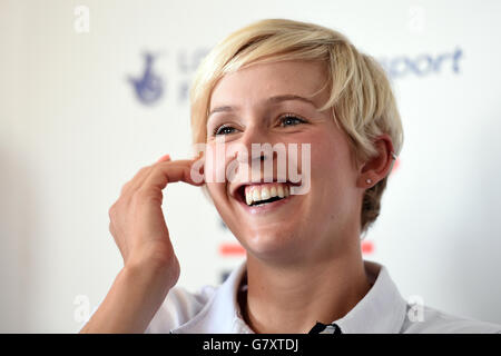 Rudern - Team GB Training Session - National Training Center. Die britische Victoria Thornley während einer Pressekonferenz im National Training Center, Caversham. Stockfoto