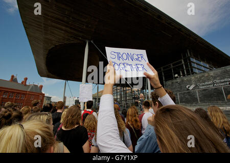 Cardiff, Wales, UK. 27. Juni 2016. College und Oberstufe Studenten protestieren im Stadtzentrum von Cardiff und außerhalb der Welsh Assembly in Cardiff Bay, ein zweites Referendum und eine Abstimmung für 16 jährige nach vergangenen Donnerstag UK Austritt Abstimmung gefordert. Bildnachweis: Haydn Denman/Alamy Live-Nachrichten Stockfoto