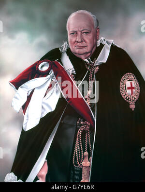 Gemälde von Sir Winston Churchill in seinen Gewändern. Stockfoto