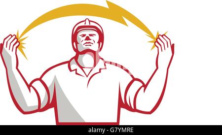 Illustration der Elektriker nachschlagen und Handzeichen mit Blitz schlug in beiden Händen von vorne am isolierten weißen Hintergrund getan im retro-Stil gesehen. Stock Vektor