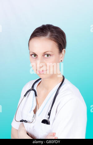 Nahaufnahme Foto von weiblichen Arzt mit Stethoskop Stockfoto