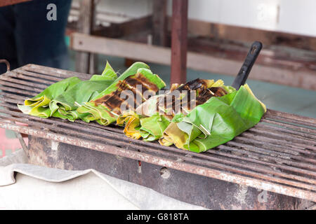 Fisch Curryblätter in Bananenblättern gegrillte durch Hitze auf dem grill Stockfoto