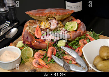 Eine Krabbe platter Mahlzeit mit Garnelen, mussells, Queller und Garnelen Stockfoto