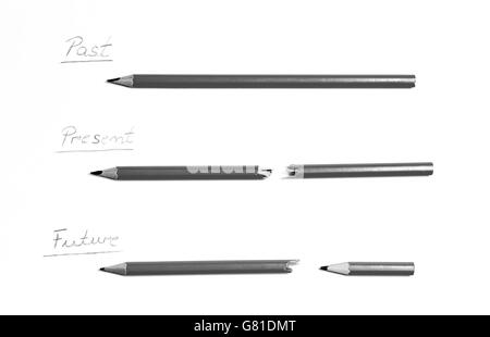 Worte geschrieben auf einem weißen Papersheet, zusammen mit gerissenen Bleistifte, Vergangenheit, Gegenwart, Zukunft Stockfoto