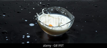 Obst spritzen Milch in eine Runde Schale auf einem schwarzen Hintergrund Stockfoto