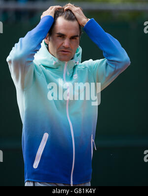 Roger Federer beim Training am dritten Tag der French Open bei Roland Garros am 26. Mai 2015 in Paris, Frankreich Stockfoto