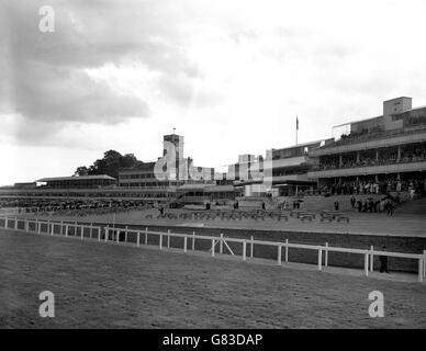 Reihen leerer Sitze vor der Royal Box und (links, im Hintergrund) massierte Regenschirme bei sintflutartigen Regenfällen am ersten Tag des Royal Meeting in Ascot. Stockfoto