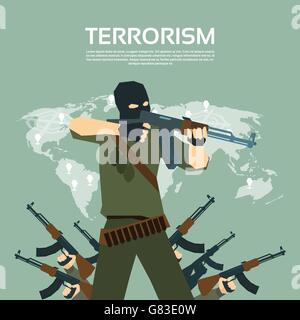 Bewaffnete Terroristen Gruppe über World Map Terrorismus Konzept Stock Vektor