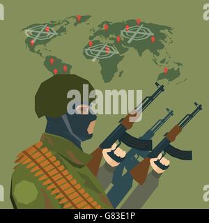 Bewaffnete Terroristen über World Map Terrorismus Konzept Stock Vektor