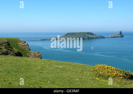 Eines der Top 10 Strände der Welt sind die Ansichten über Rhossili Bucht und Wurmkopf hervorragend Stockfoto