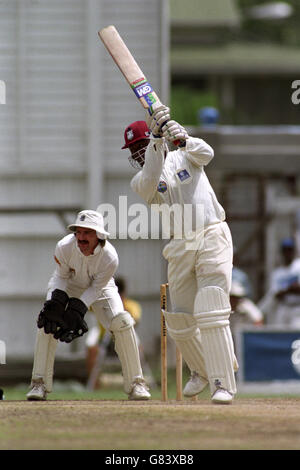 Cricket - die Wisden Trophy - zweiter Test - Westindien gegen England - Bourda - Fünfter Tag. Desmond Haynes (r) von West Indies spielt den Ball durch die Covers, beobachtet von England Wicketkeeper Jack Russell (l) Stockfoto