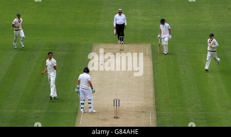 Australischer Bowler Mitchell Starc feiert beim ersten Investec Ashes Test im SWALEC Stadium, Cardiff, das Einfangen des englischen Batsman Ian Bell LBW. Stockfoto