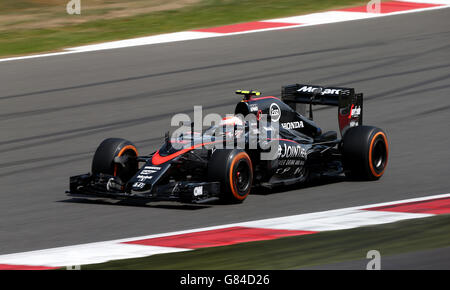 Die Jenson-Taste von McLaren Honda während des Trainingstages für den Großen Preis von Großbritannien 2015 auf dem Silverstone Circuit, Towcester. Stockfoto