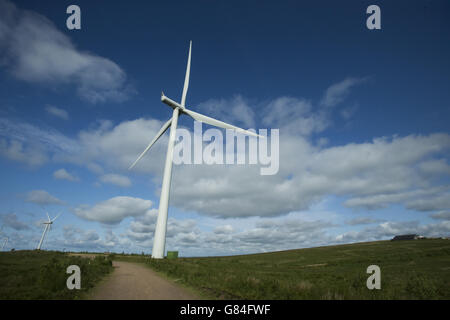 Ein Blick auf Turbinen auf Whitelee Windpark in East Renfrewshire, dem größten Onshore-Windpark Großbritanniens, wie die schottische Regierung sagte, wurde ein Notgipfel einberufen, nachdem Westminster beschlossen hatte, ein Subventionsprogramm für Onshore-Windparks abzuschaffen, von mehr als 200 Menschen besucht worden war. Stockfoto