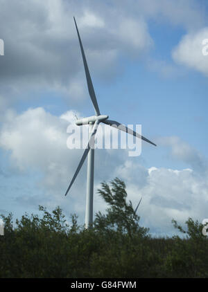 Ein Blick auf Turbinen auf Whitelee Windpark in East Renfrewshire, dem größten Onshore-Windpark Großbritanniens, wie die schottische Regierung sagte, wurde ein Notgipfel einberufen, nachdem Westminster beschlossen hatte, ein Subventionsprogramm für Onshore-Windparks abzuschaffen, von mehr als 200 Menschen besucht worden war. Stockfoto
