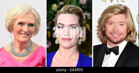 Fotos von (von links) Mary Berry, Kate Winslet und Nicky Clarke. Stockfoto