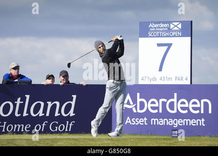 Denmarks Thorbjorn Olesen schlägt am 7. Loch während des Tages eines der Scottish Open im Gullane Golf Club, East Lothian. Stockfoto
