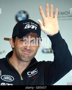 Sir Ben Ainslie von der Land Rover BAR bei einer Pressekonferenz am ersten Tag des Americas Cup in Portsmouth, Großbritannien. Stockfoto