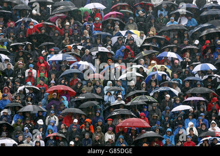 Am fünften Tag der Open Championship 2015 in St Andrews, Fife, sitzen die Zuschauer unter Regenschirmen vor dem Regen auf den Tribünen. Stockfoto