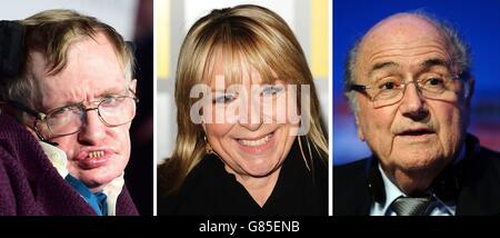 Undatierte Dateifotos von (von links nach rechts) Stephen Hawking, Fern Britton und Sepp Blatter. Stockfoto