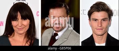 Fotos von (von links) Davina McCall, Ricky Gervais und Oliver Cheshire. Stockfoto