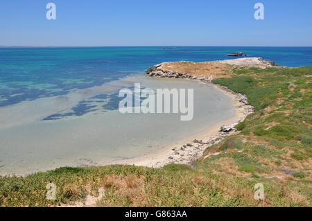 Erhöhten Blick auf die entfernten indischen Ozean-Bucht auf Penguin Island mit bewachsenen Dünen an der Küste in Rockingham, Western Australia. Stockfoto